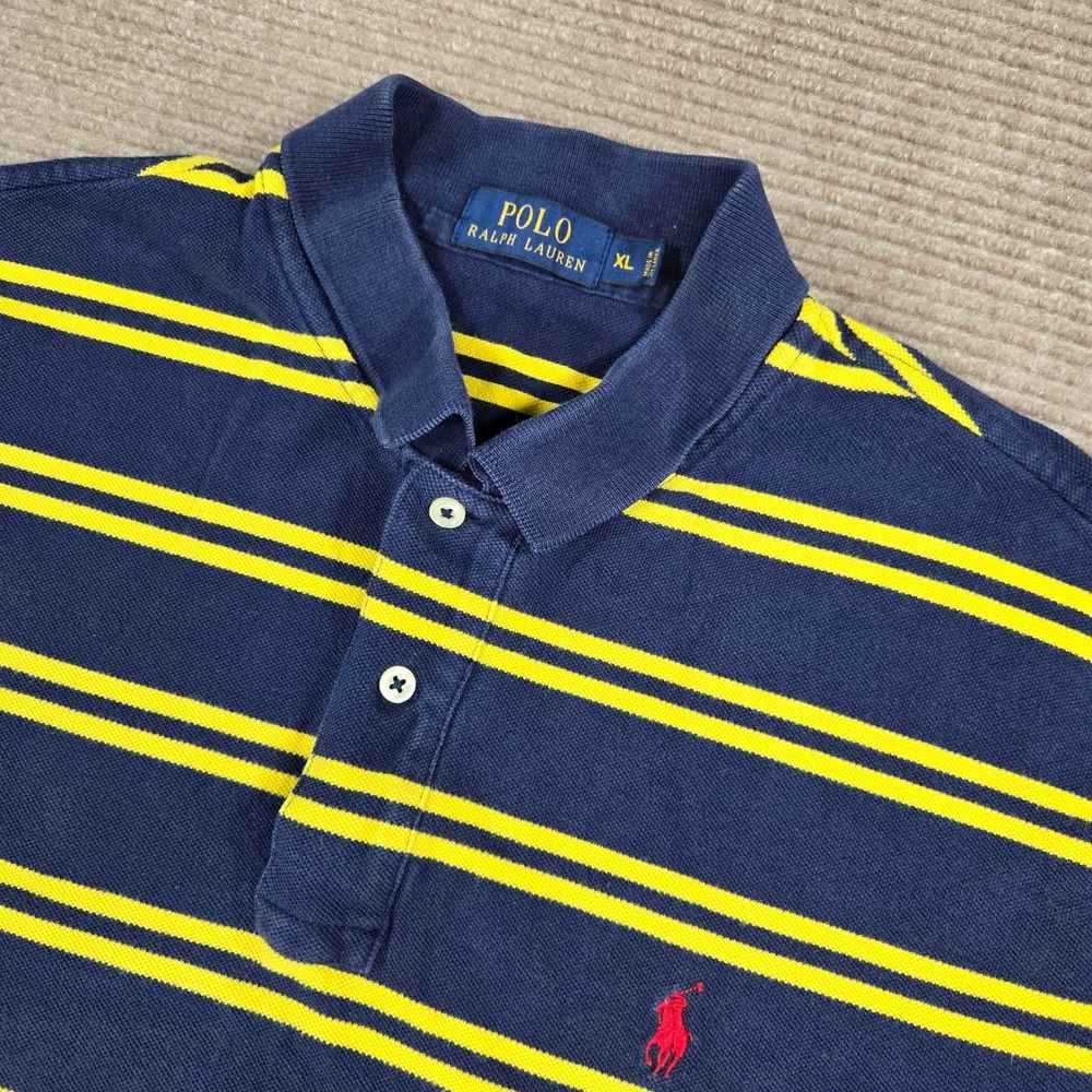 Polo Ralph Lauren Mens XL Navy Yellow Striped Pique Short Sleeve Polo Shirt
